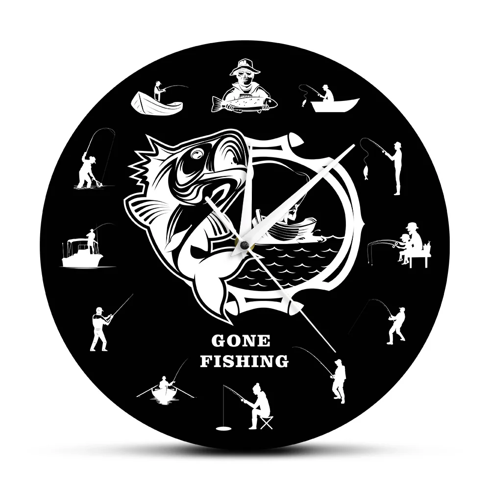 Gone Fishing Modern Wall Clock Bass Fishing Fishermen Decorative Wall Watch Funny Angling Man Cave Home Decor Angler Dad Gift