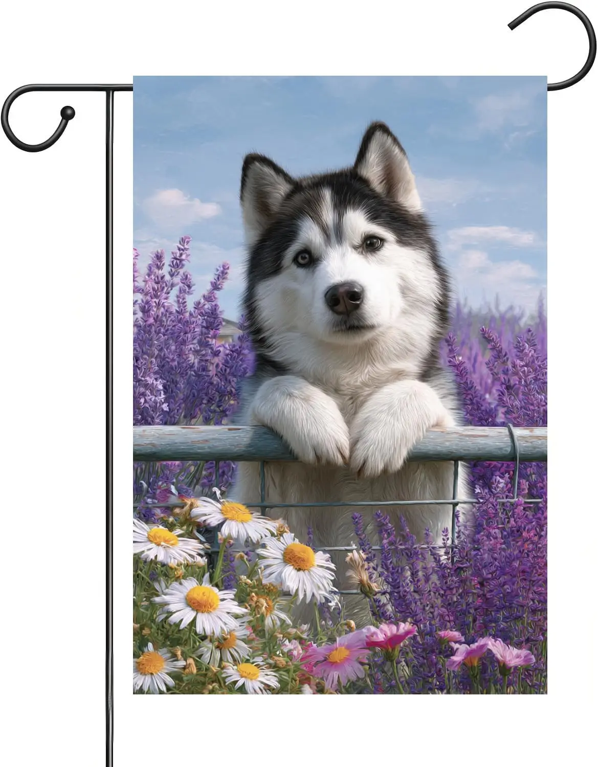 Husky Hello Spring Garden Flag 12x18-Inch Double-Sided Spring Summer Daisies and Lavender Seasonal Yard Outdoor Decoration ZZM
