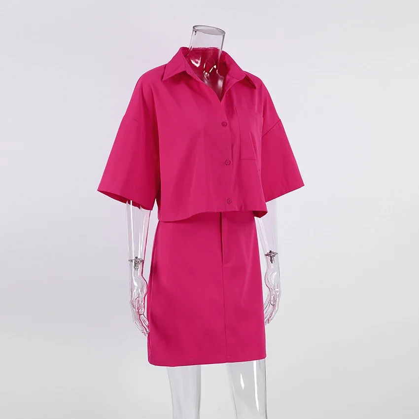 Short Sleeved Shirt Jacket, Summer High Waisted A-Line Mini Skirt Set, High Street Women\\\'s Casual Fashion Two-Piece Set