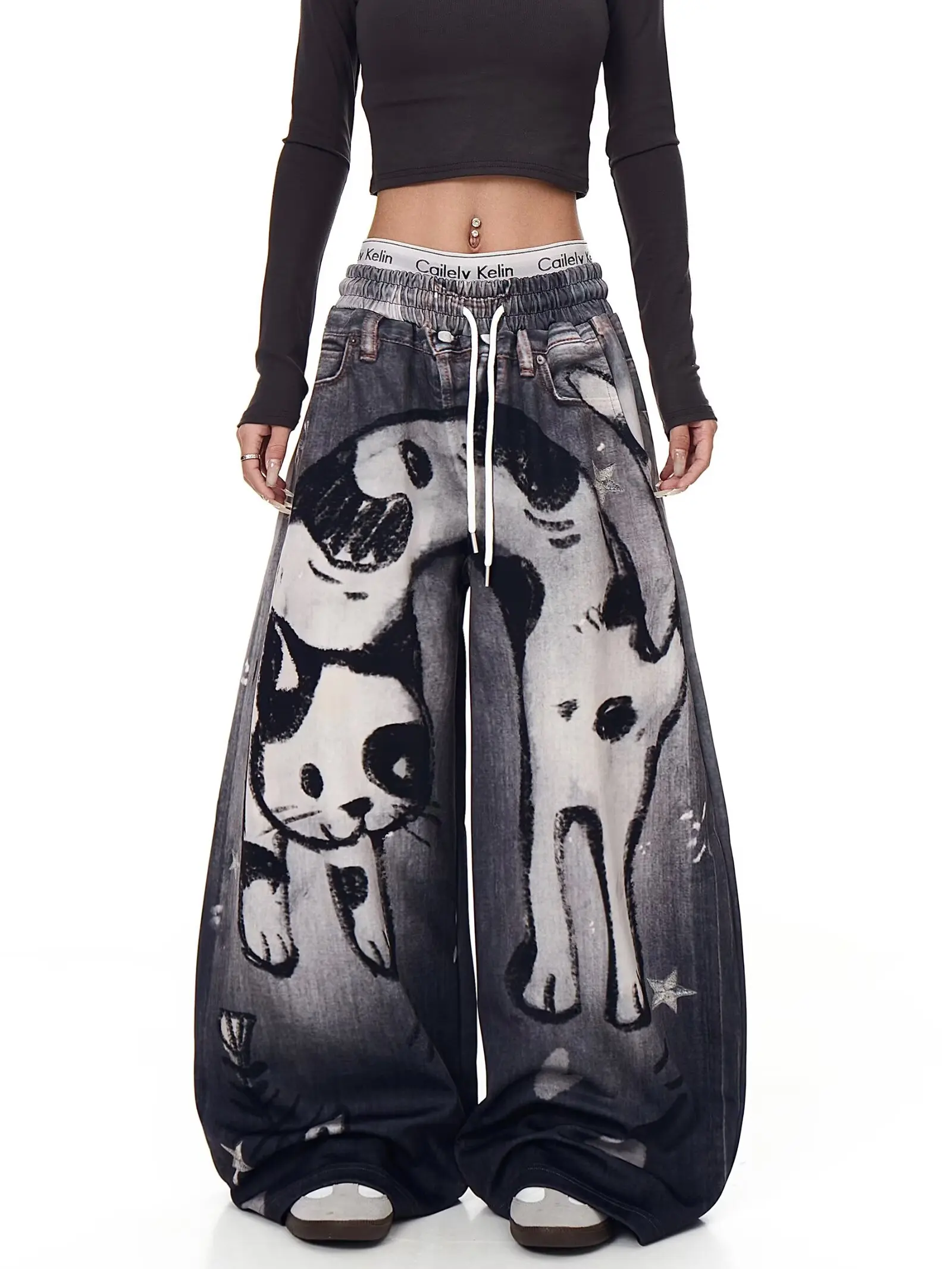 

Y2K Spray Painted Jeans Unisex Hand Drawn Graffiti Cartoon Anime High Street Loose Hip Hop Street Pants Style