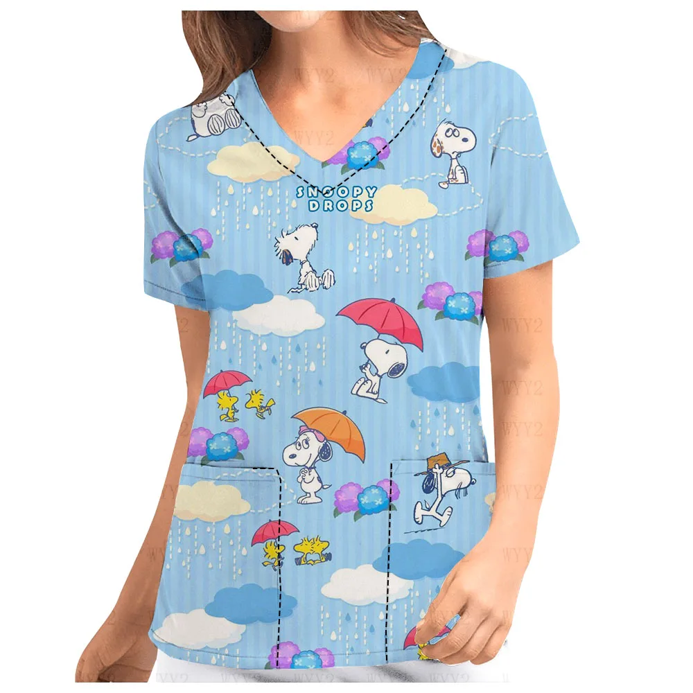 Work clothes hospital T-shirt medical uniform nurse clinic nursing short sleeve Disney Snoopy V-Neck Print Scrub Top