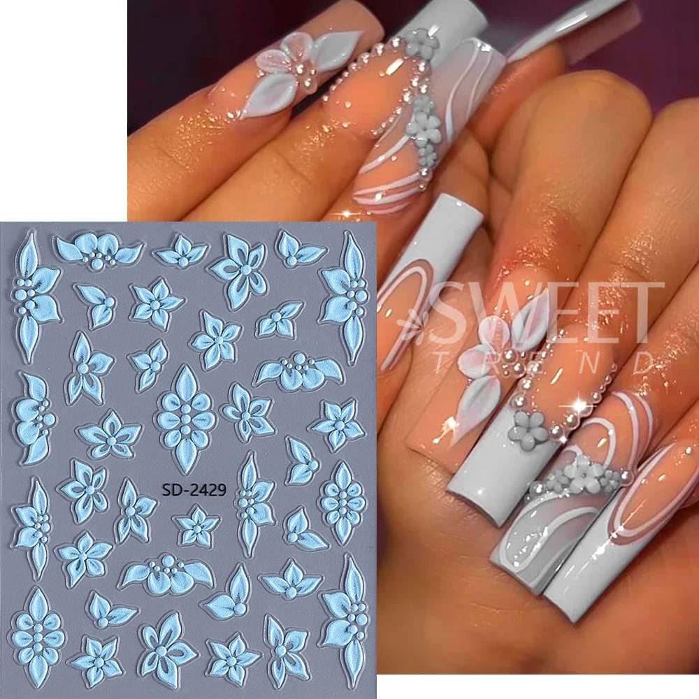 Pegatina de uñas de flor blanca 5D, pegatinas adhesivas de flores de pétalos en relieve, decoraciones artísticas para uñas para suministros de manicura de boda