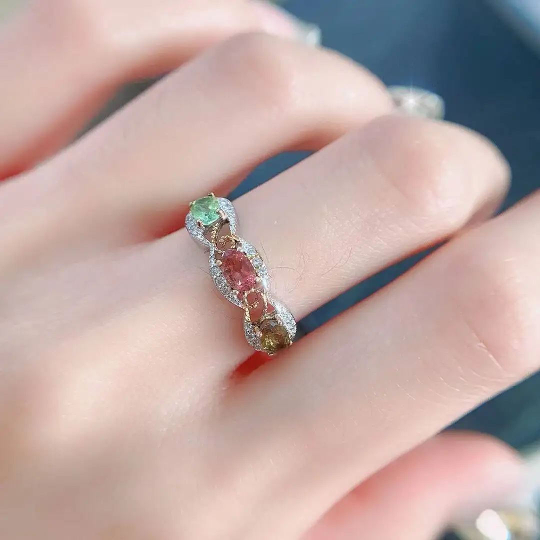 KJJEAXCMY high-grade Natural Women's Tourmaline Ring S925 Silver Colorful and splendid Crystal pure fire flash explosion