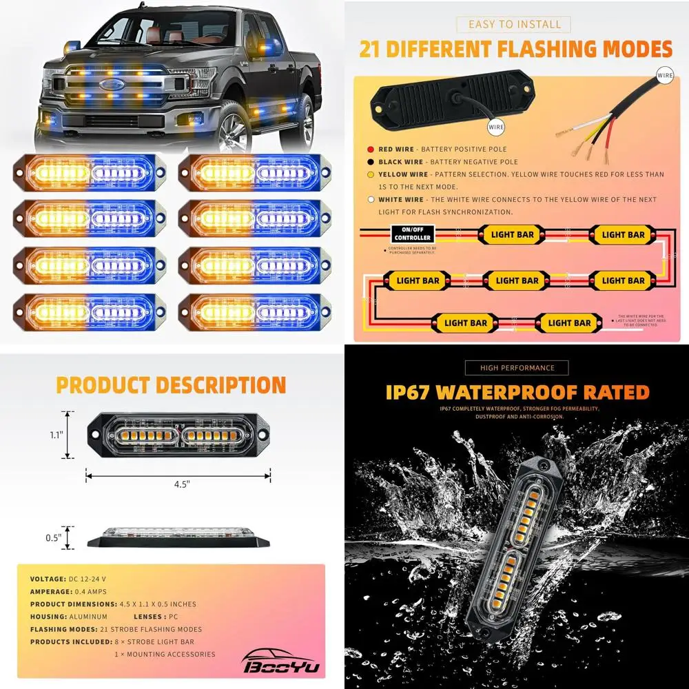 

Ultra Slim Synced LED Strobe Lights for Emergency Vehicles - 8 Pack Amber/Blue Grille Beacons