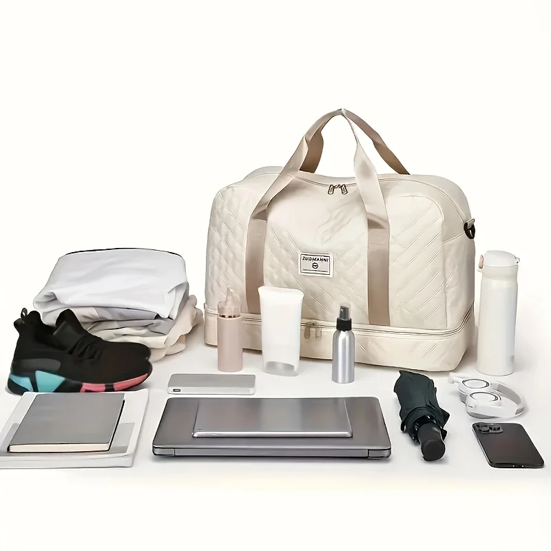 2Pcs/Set Waterproof Travel Duffel Bag Large Capacity Nylon Handbag with Makeup Bag Gym Sport Tote for Men Women Weekend Trip image 2