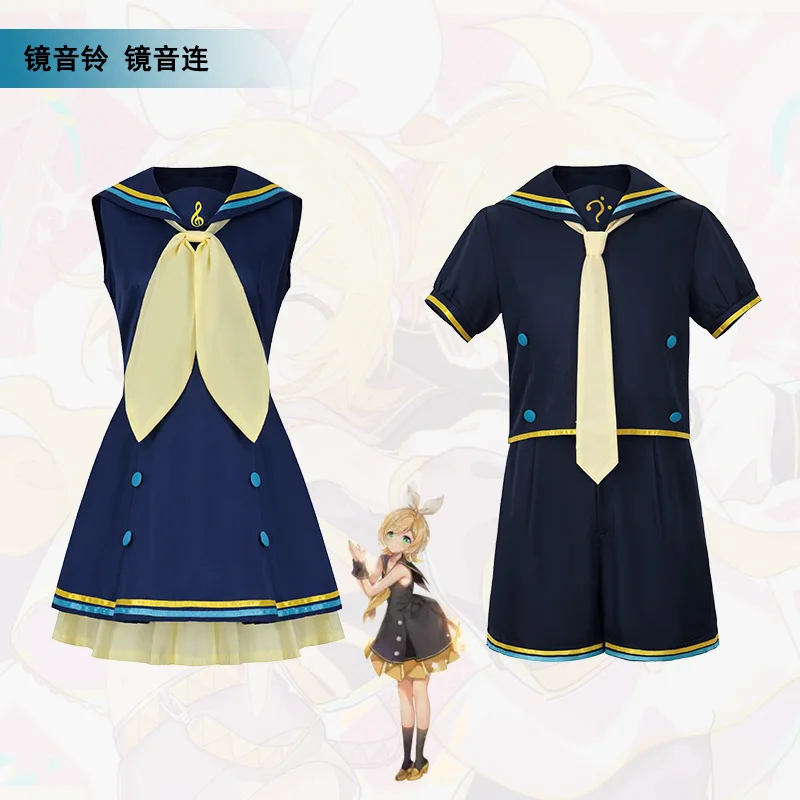 

Anime Rin Len Cosplay Costume Kagamine Blue Sailor Jk Skirts With Bow Tie Uniform for Halloween Comic Cosplay Costume for Woman