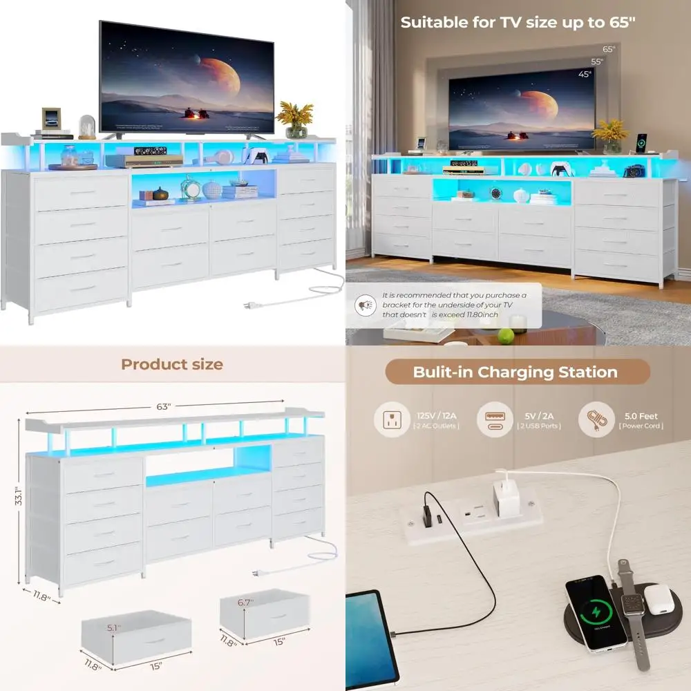 65 Inch TV Stand Dresser with LED Lights, Charging Station, White 12-Drawer Fabric Storage Entertainment Center