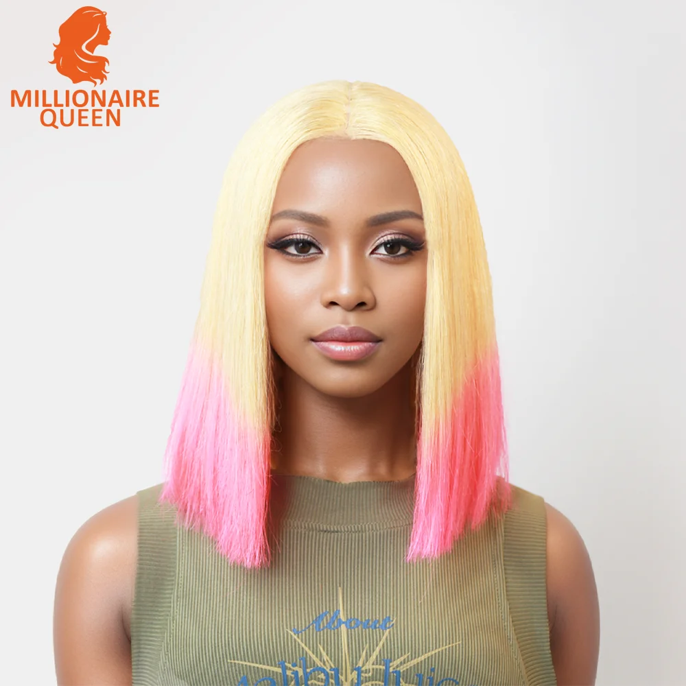 

Vietname Super Double Drawn Bone Straight 2x6 Bob Wig with 100% Human Hair 27/Pink 250% Density For Black Women