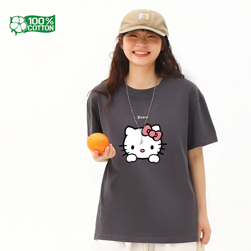 

Sanrio Hello Kitty модная футболка из 100% чесаного хлопка премиум-класса, топ с круглым вырезом и короткими рукавами для пар, идея подарка