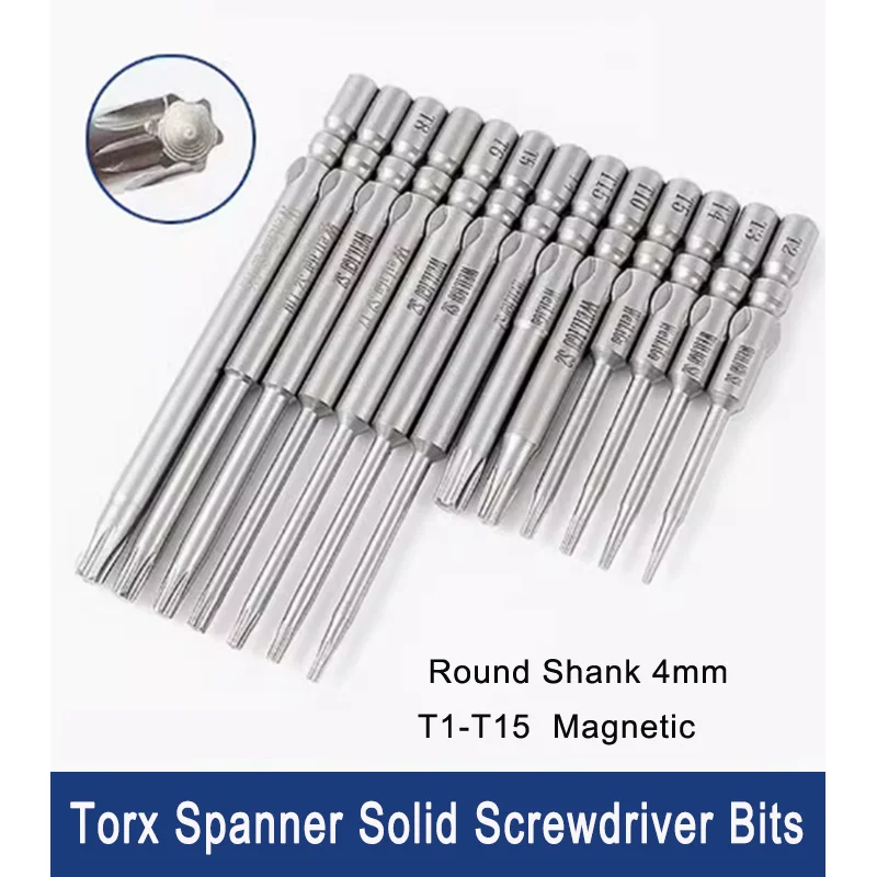 

Torx Spanner Solid T1-T15， Round Shank 4mm Magnetic Torx Screwdriver Bits S2 Alloy Steel Bit Length 40mm/60mm Hardness HRC 60