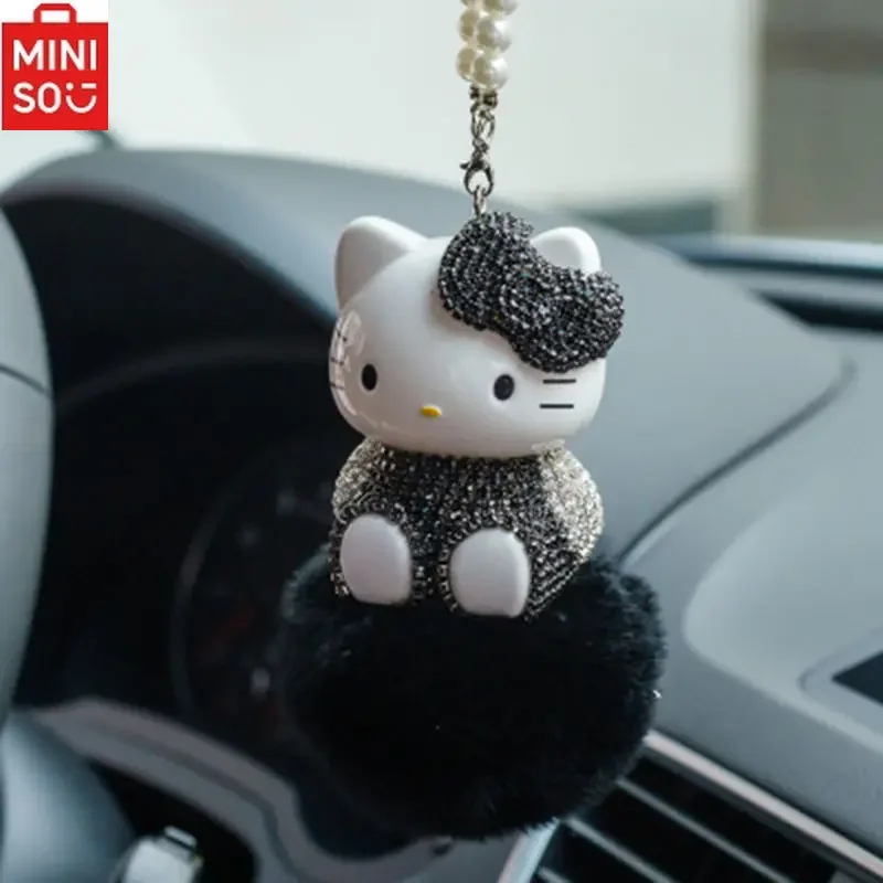 HelloKitty Car Hair Ball Diamond Pendant Car Pendant Interior Ladies Cute Car Rearview Mirror Handmade Decoration Gift