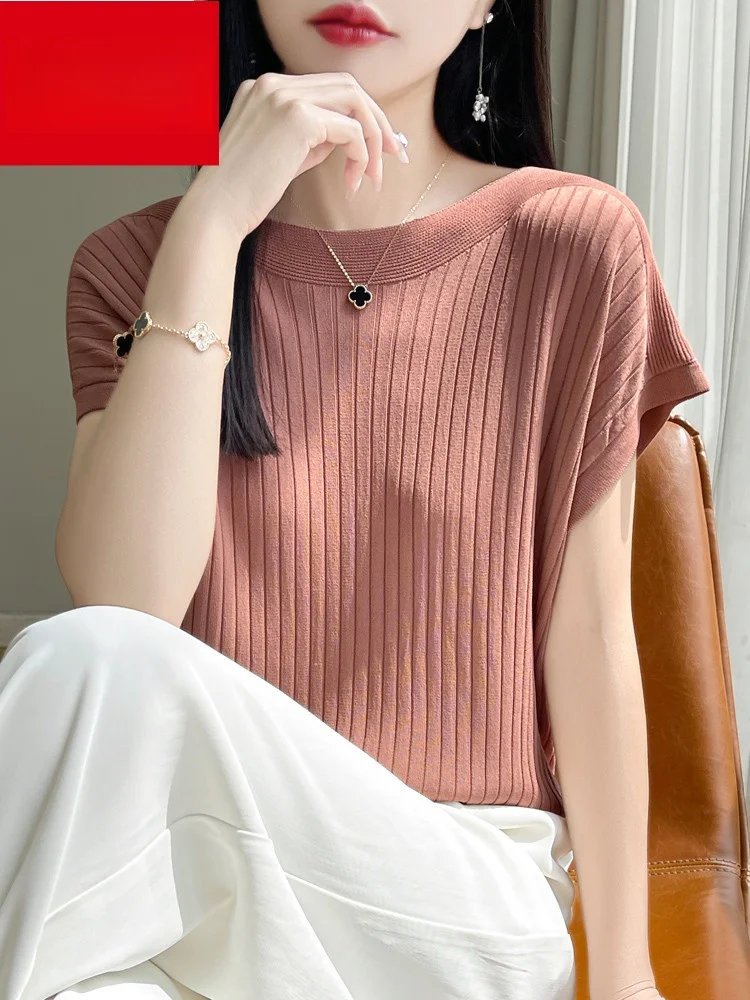 

Hengyuanxiang Summer Thin ort Sve Silk Knitted T-irt Women's Ice Silk One-oulder Top Large Size Belly Concealing