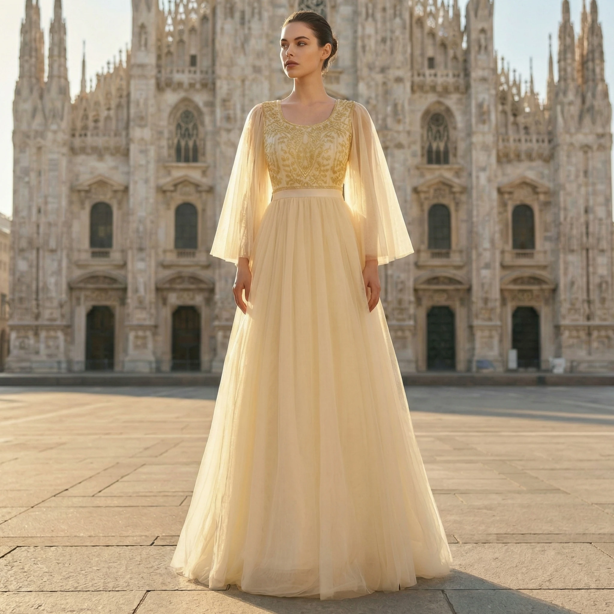 Elegant Cream Gold Embroidered Tulle Prom Dress Bell Sleeve Formal Evening Gown for Women Party Wedding