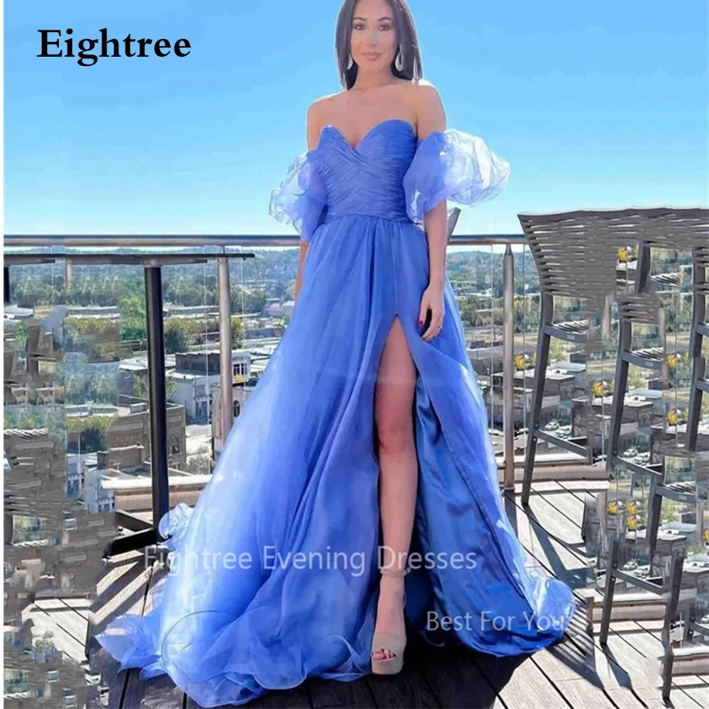 

Eightree Elegant Blue Organza A-Line Party Dresses Sweetheart Off Shoulder Prom Dress Side Slit Formal Evening Gowns Vestidos