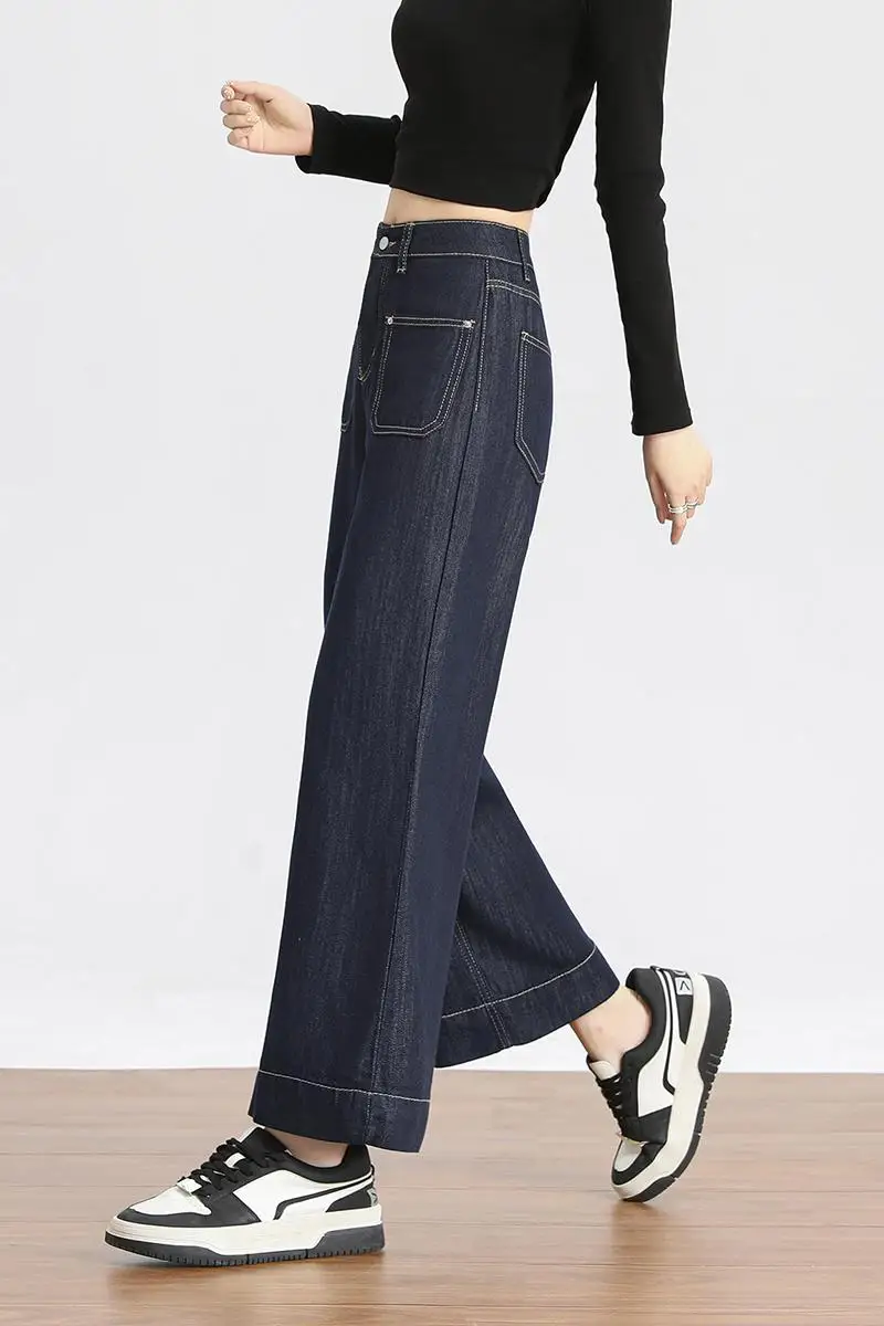 High Waist Jeans for Women Spring Autumn 2024 New Style Nine-point Straight Pants Youthful Woman Korean Fashion Wide Leg Pant