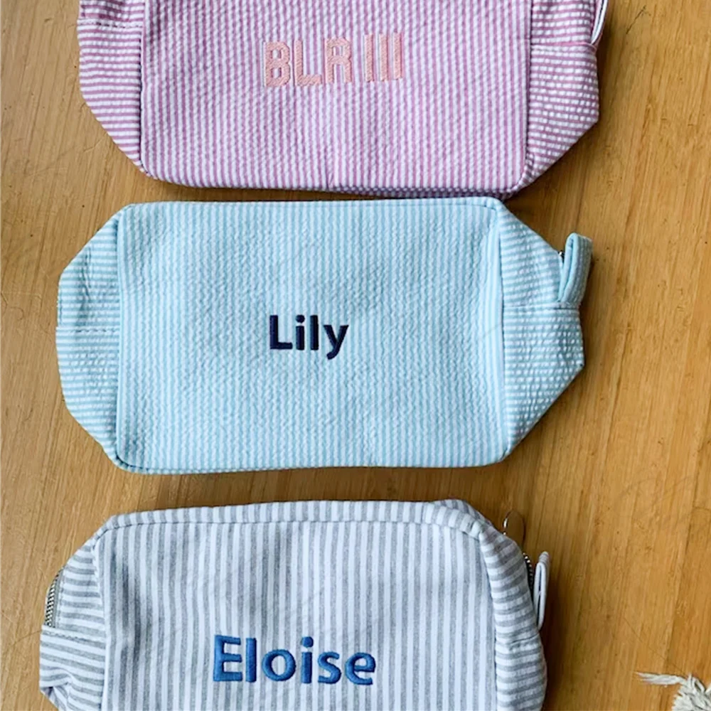 

Women's Seersucker Striped Cosmetic Bag Custom Embroidery Name Portable Travel Toiletry Bag Personalized Gift Makeup Storage Bag