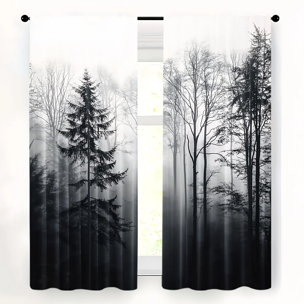 

2D FLAT 2pcs Curtains Misty Forest Trees Silhouette Black Perfect for Balcony, Bedroom, Study, Living Room, Suitable for Spring