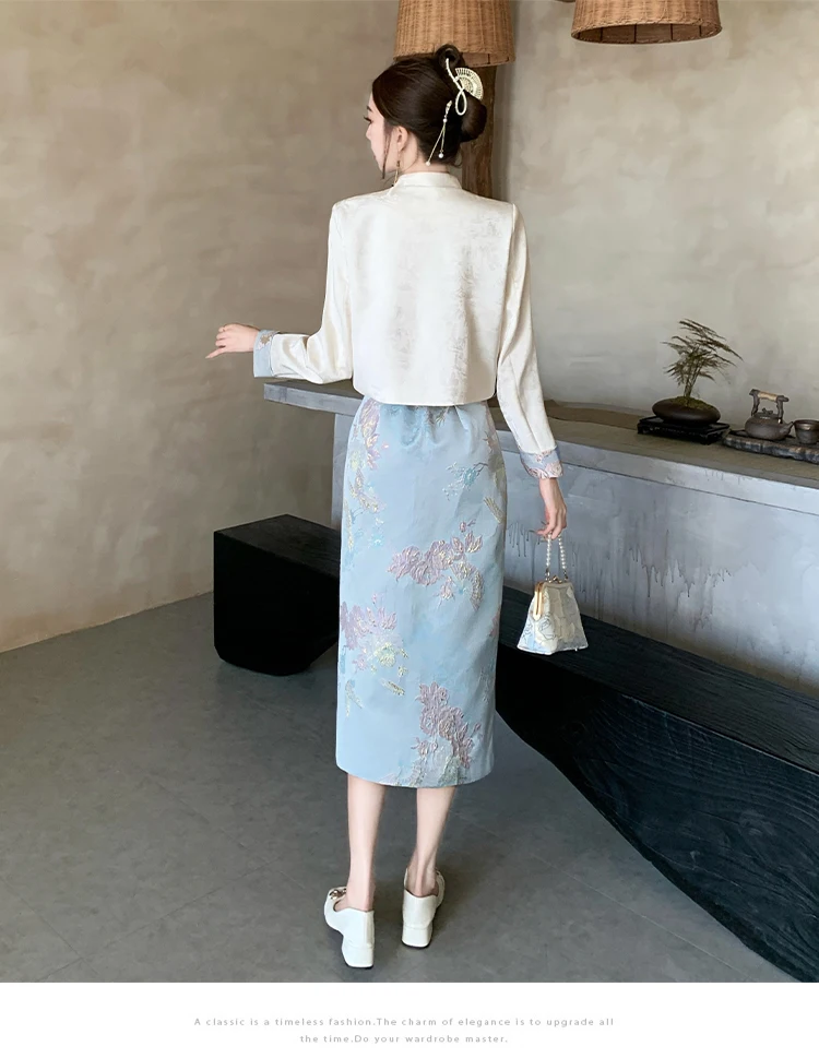 High Quality Chinese Style Autumn Office Ladies 2 Piece Set Elegant Women Chic Bow Buttons Crop Tops+Jacquard Pencil Skirt Suits