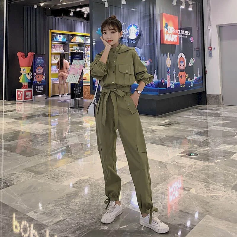 Workwear Jumpsuit สไตล์ใหม่ Cool หลวมผู้หญิงกางเกงแนวโน้มผู้หญิงชุด One Piece ปุ่มเข็มขัดเอวสูง Hooded