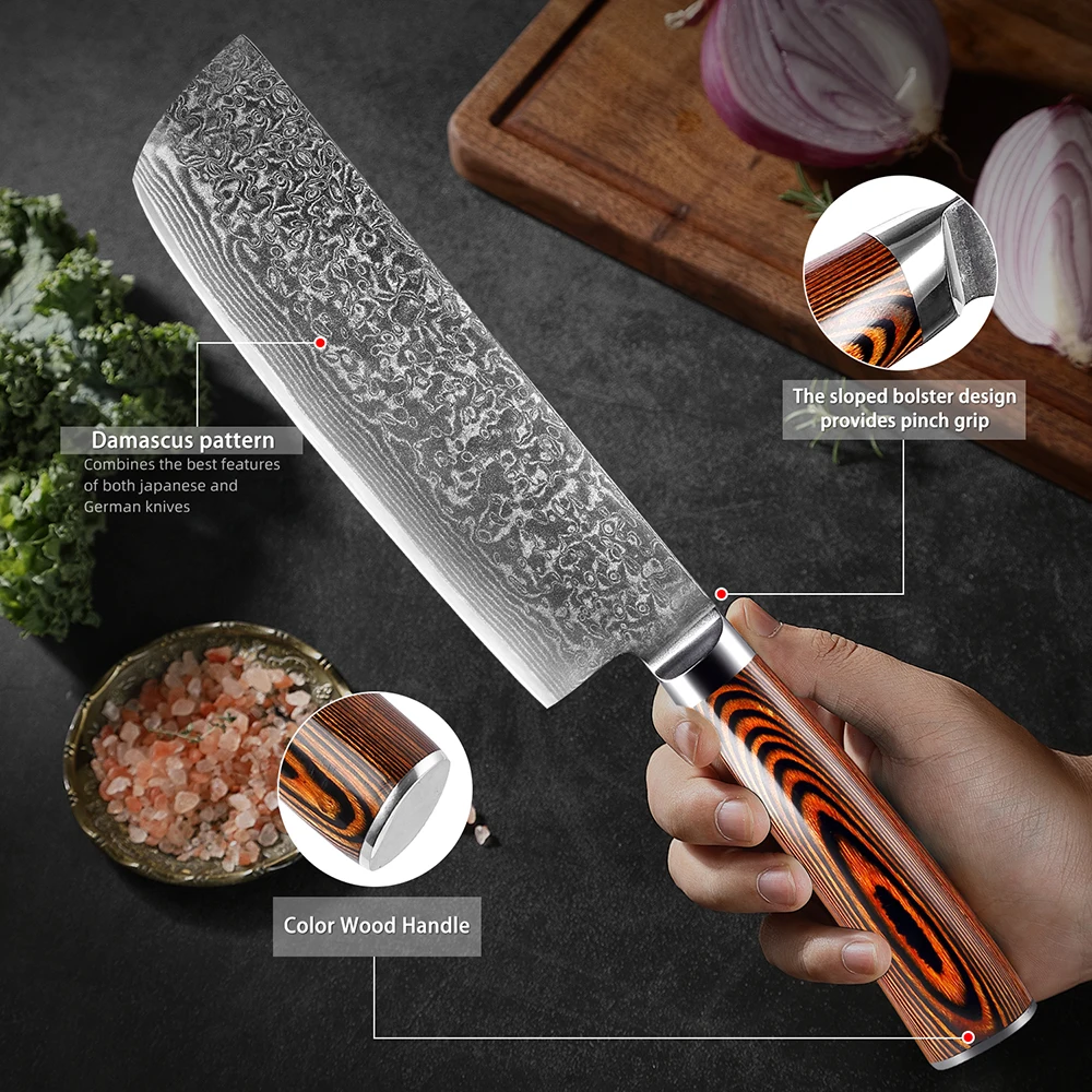 XITUO Nakiri Knife 7inch Damascus Steel Blade Razor Sharp Non-slip Wood Handle Kitchen  Chef Knives Meat Slicing Vegetable knife