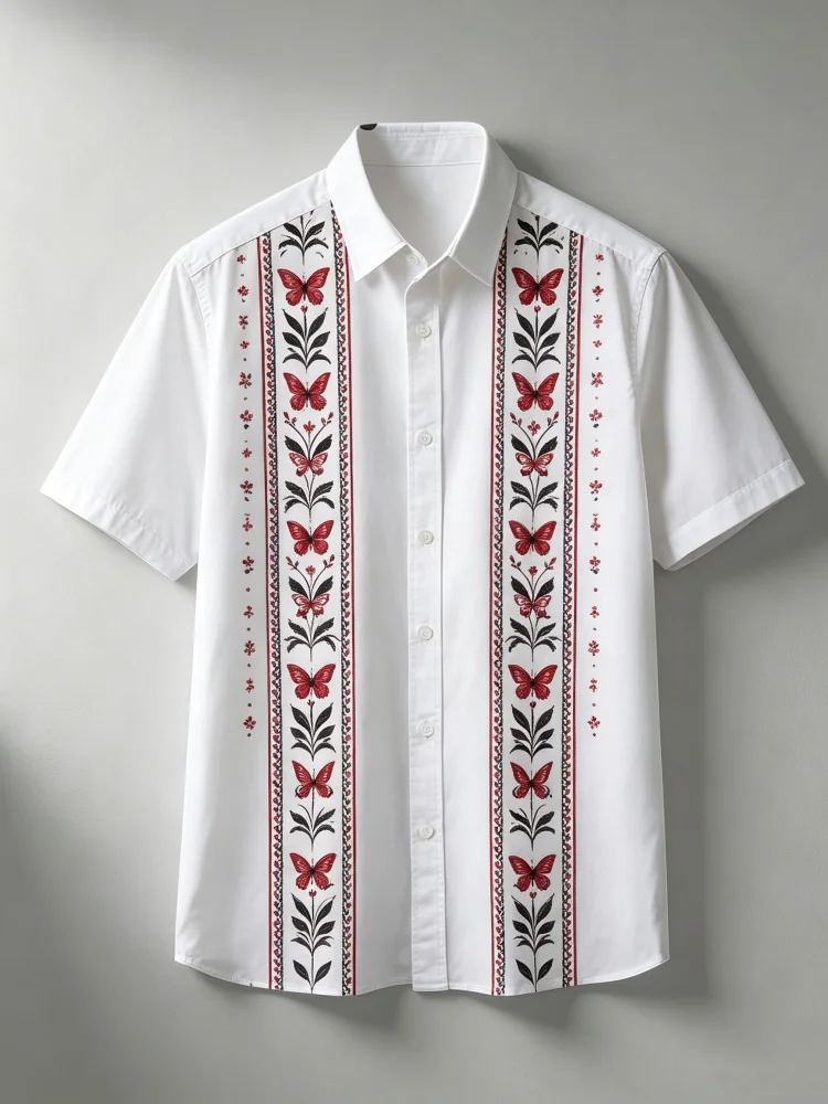 Men's Ethnic Style Embroidered Floral Geometric Print Short-Sleeved Shirt with Lapel Button-Up Cardigan Bohemian Vacation Shirt