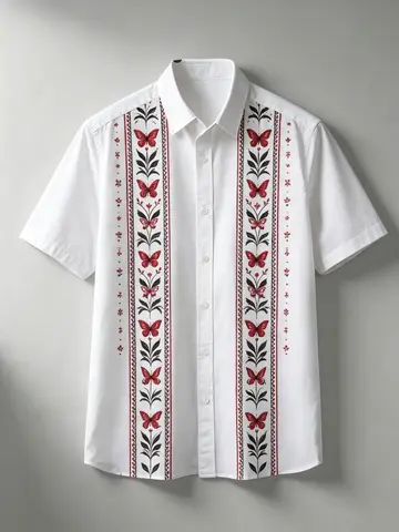 Men's Ethnic Style Embroidered Floral Geometric Print Short-Sleeved Shirt with Lapel Button-Up Cardigan Bohemian Vacation Shirt