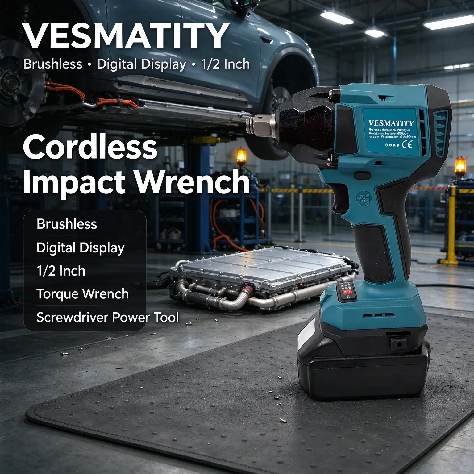 VESMATITY Brushless Cordless Impact Wrench Digital Display Electric Torque Wrench 1/2 Inch Screwdriver Power Tool