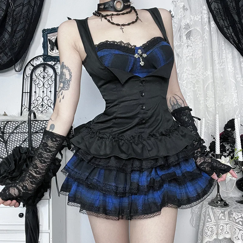 

American Cute Sweet Y2k Gothic Skirt Women Dark Streetwear Retro 2000s Lace Patchwork Plaid Skirt Kawaii Lolita Rave Punk Skirt