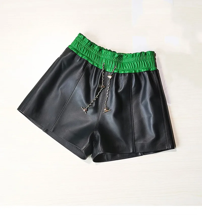 Women Genuine Leather Shorts Sheep Skin Elastic Waist Real Leather Pants Female Wide Leg Pants