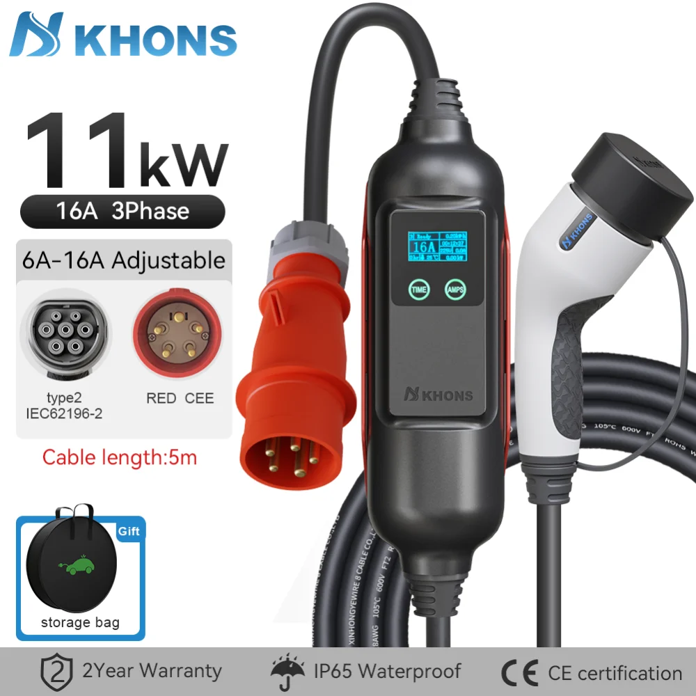 Khons Driefasige 11kW Elektrische Auto Type 2 Draagbare Lader EVSE Laadbox 16A CEE Stekker Elektrische Autolader Wallbox