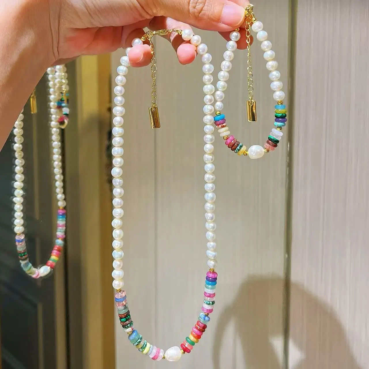 Everyday Joy:Dopamine Colorful Quartzite & Freshwater Pearl Choker & Bracelet Set, Natural Gemstone Jewelry for Effortless Style