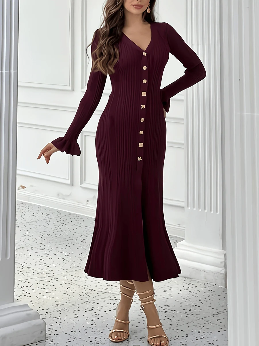 VGH فساتين محبوكة كلاسيكية على الطراز الفرنسي للنساء بياقة على شكل V وأكمام طويلة وخصر عالٍ فستان أنيق ثنيات موضة نسائية جديدة #2