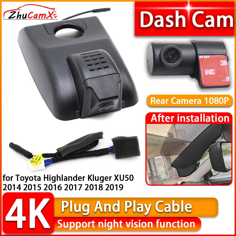 DVR 4K Dash Cam for Toyota Highlander Kluger XU50 2014 2015 2016 2017 2018 2019 Front Rear Camera Plug and Play Video Recorder
