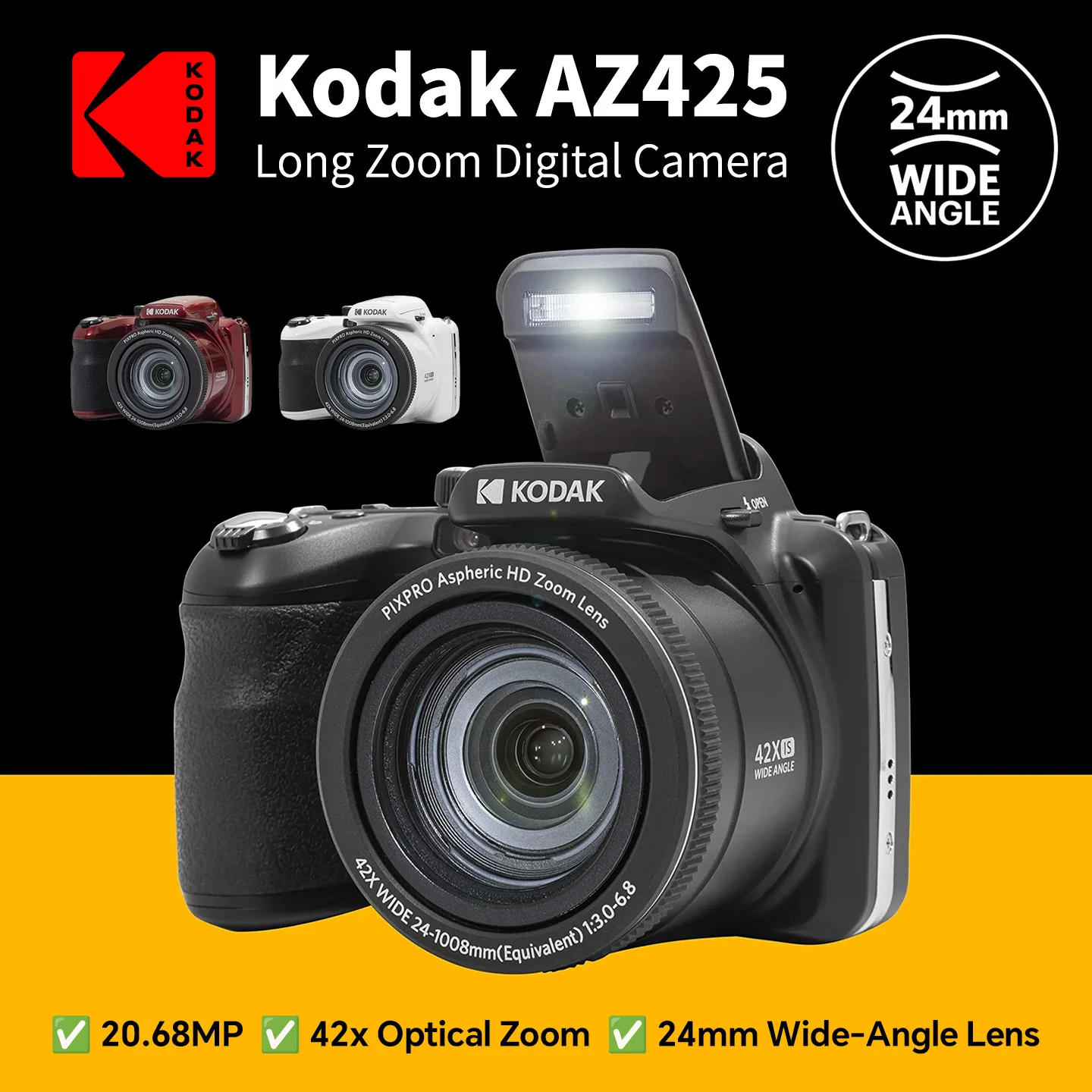 100% Original KODAK PIXPRO AZ425 Digital Camera 20MP 42X Optical Zoom 24mm Wide Lens OIS 1080P Rechargeable Travel Vlog Camera