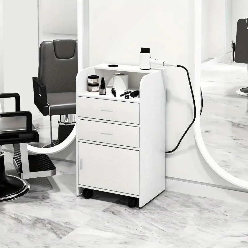 Salon Station On Wheels, Beauty Salon Station For Hair Stylist, Barber Stations Storage Cabinet With 2 Drawers White