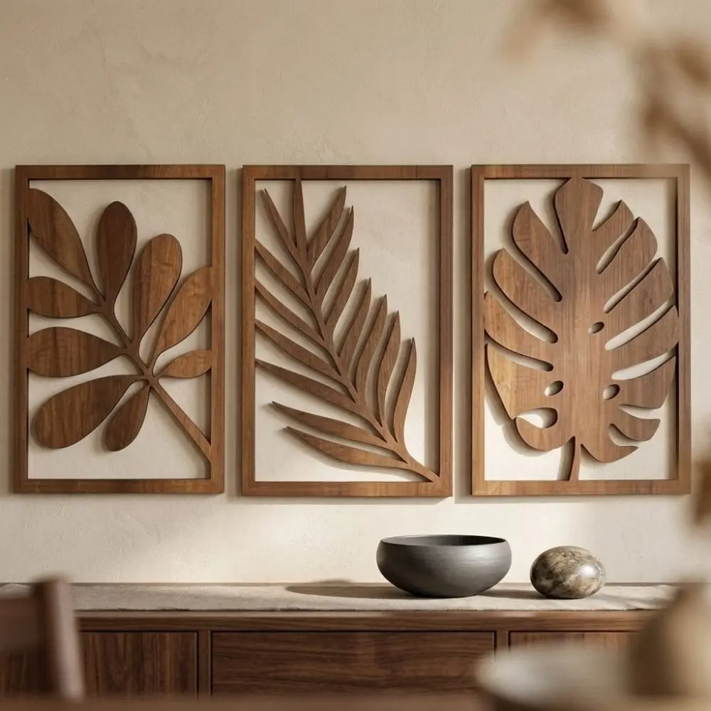 3Pcs Rustic Wooden Tropical Leaves Wall Sign Farmhouse Artistic Palm Leaf Hanging Decor Cutout Leaf Botanical Pattern