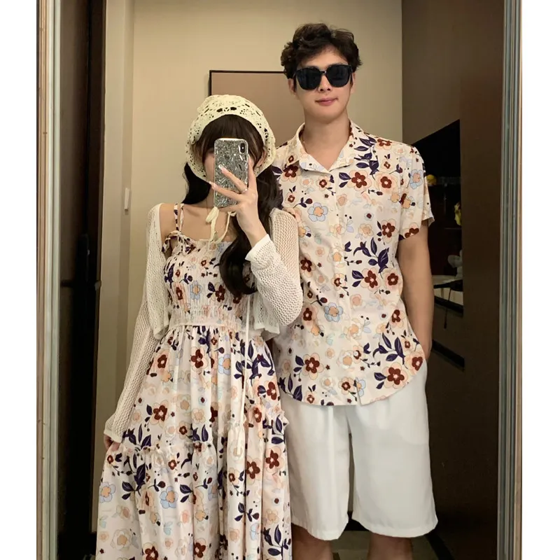 Resort Couple Look Family Matching Clothes Mom Daughter Floral Smock Dresses Dad Son Beach Shirts Vacation Parent-child Clothing