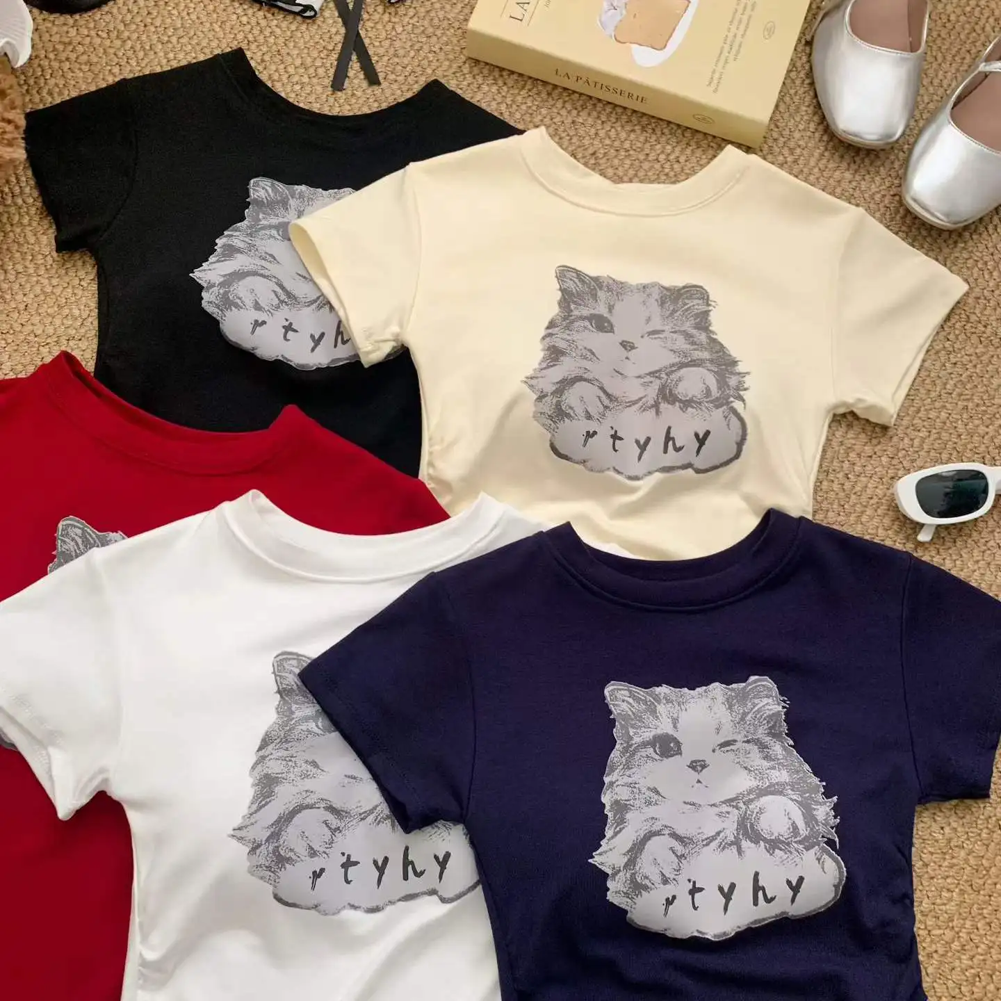 Sweet Style Summer New  Print Splice Short Sleeve Women's Slim Fit Integrated Chest Pad Top Nylon Cotton Spandex Blend