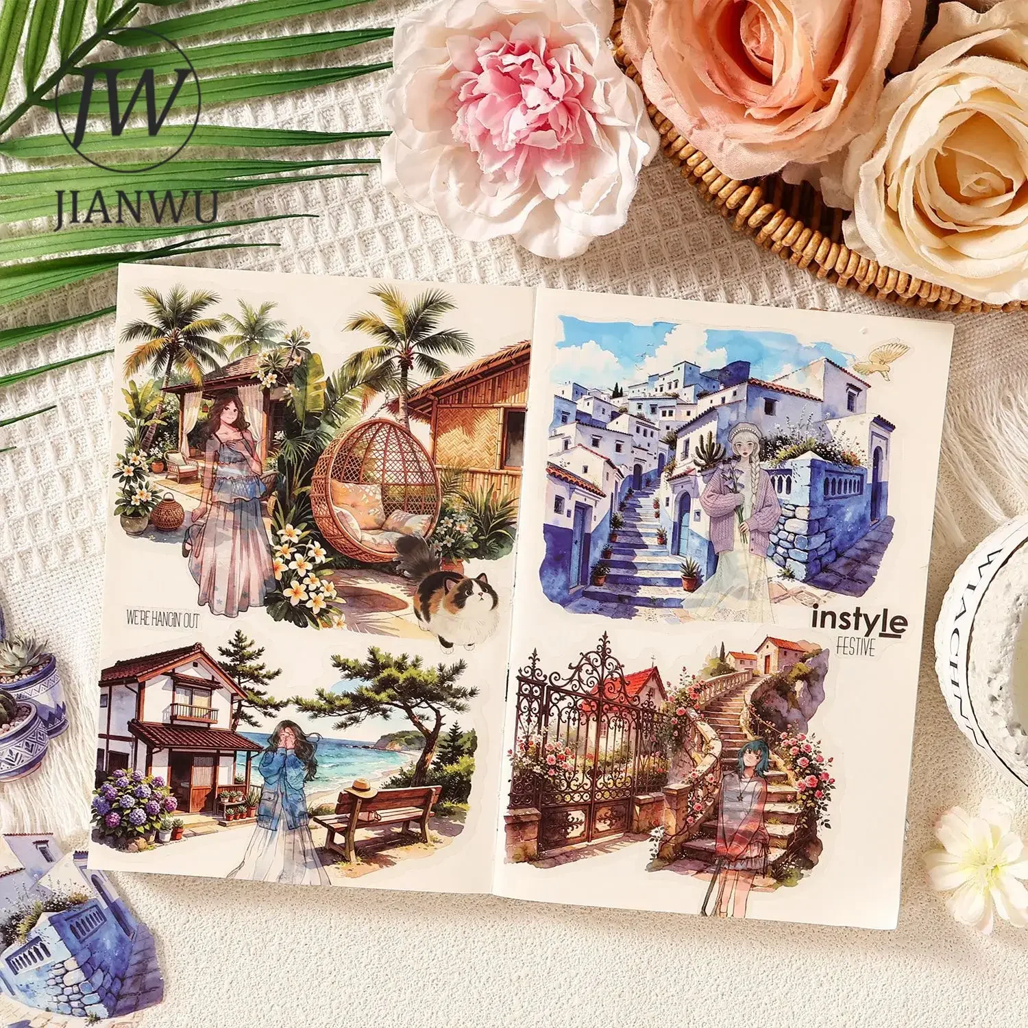 JIANWU Vintage Travel Town Landscape Material Collage Scrapbooking PET Sticker Creative DIY Journal Stationery