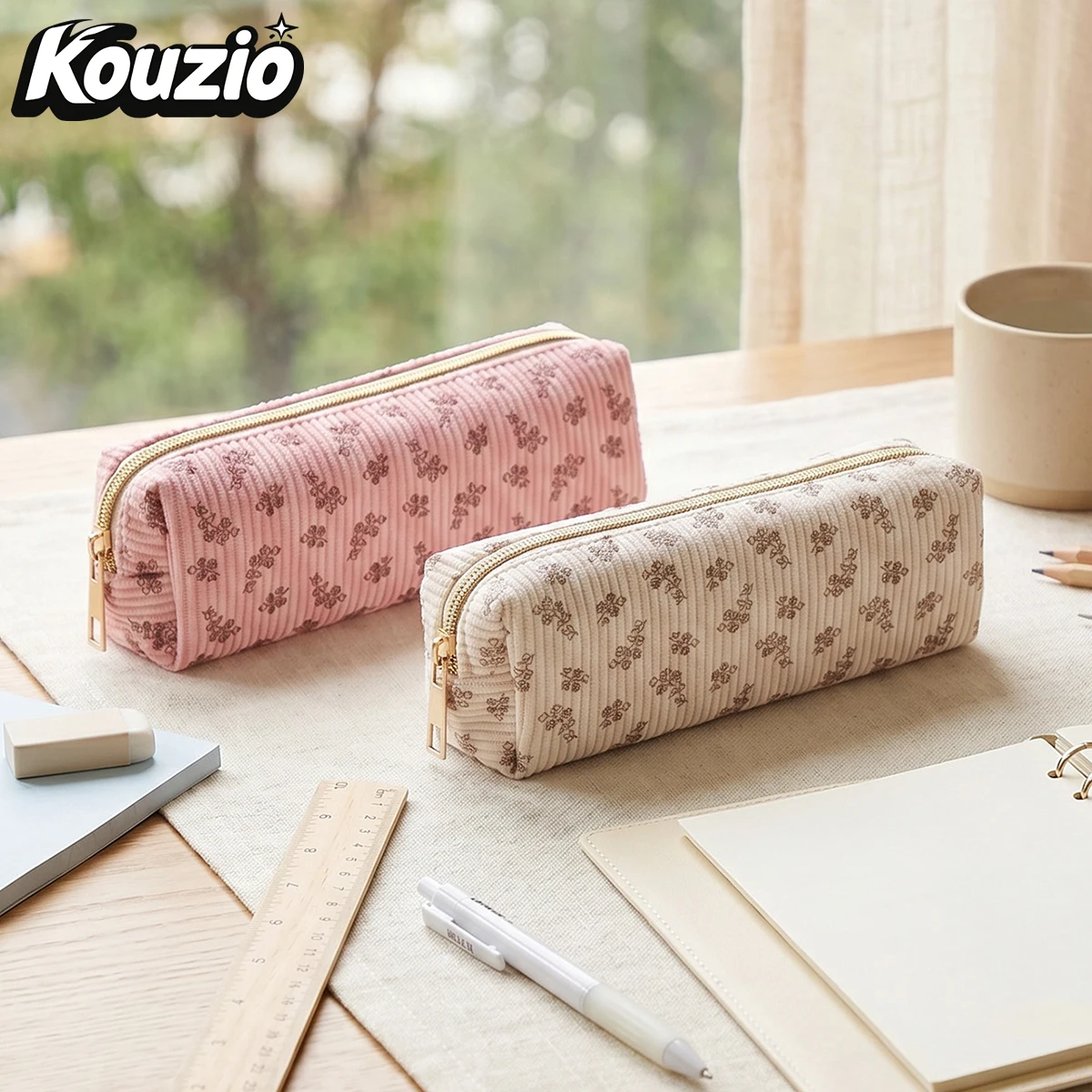 1pc/2pcs Floral Print Corduroy Pencil Case, Golden Zipper Slim Stationery Organizer, Cute Flower Pen Storage Bag, Back to School