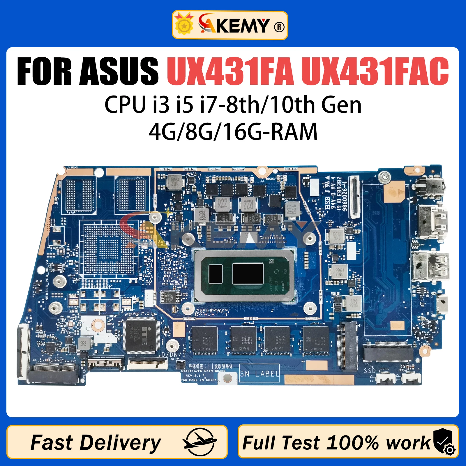 

AKMEY UX431FA Mainboard For ASUS UX431FAC BX431F RX431F UX431FN UX431FLC Laptop Motherboard I3 I5 I7 8th/10th Gen 4G/8G/16GB-RAM