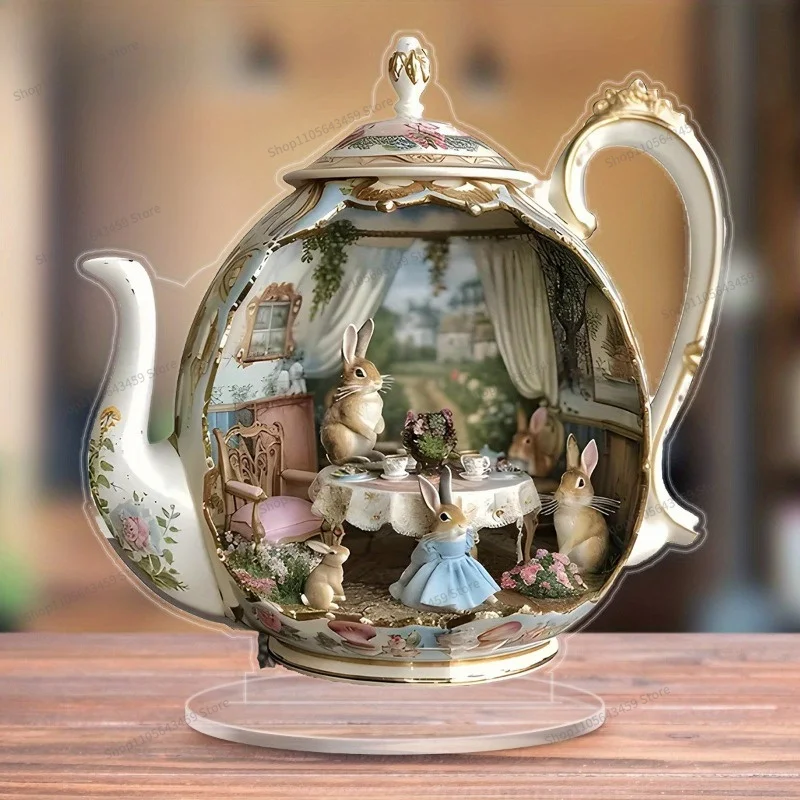 For Easter Bunny Teapot Scene Acrylic Tabletop Decoration 2D House Party Holiday Dress Up Ornament