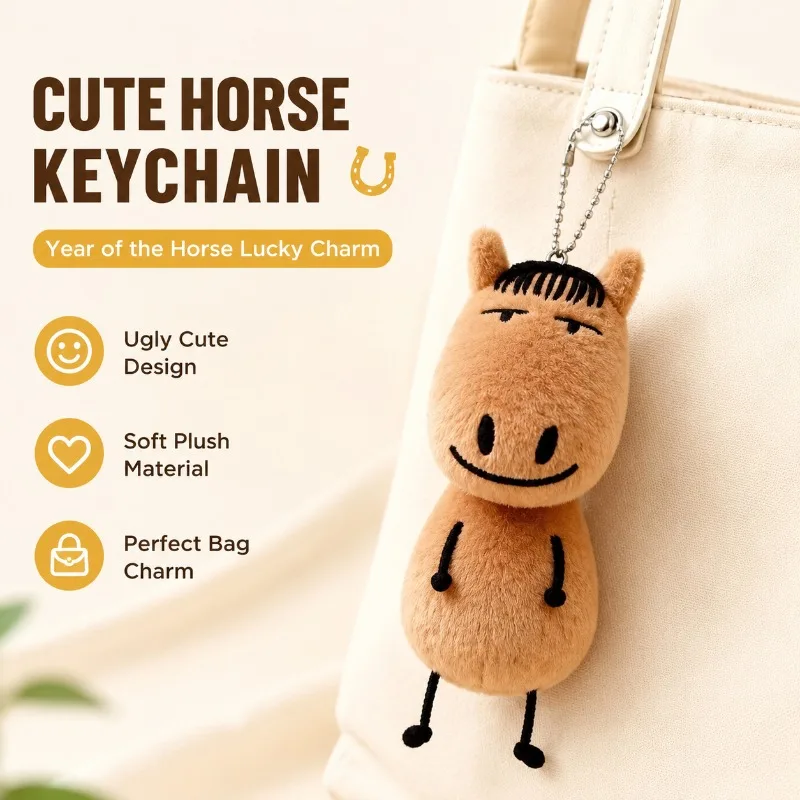Year of Horse Mascot Plush Figurine Ugly Cute Abstract Stuffed Doll Premium Texture Keychain Bag Hanging Ornament Fashion
