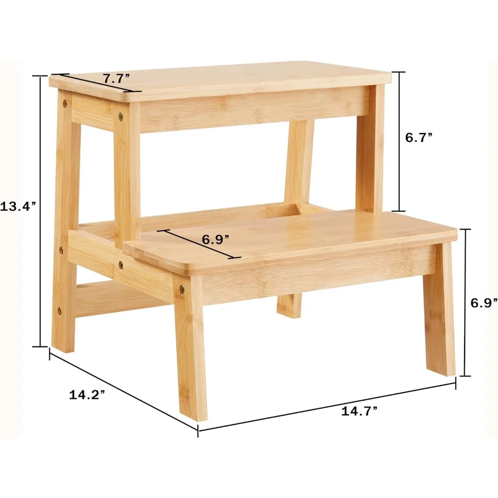 Toddler Two Step Stool Solid Wood 350Lb Capacity Kitchen Bathroom Bedroom Natural Finish