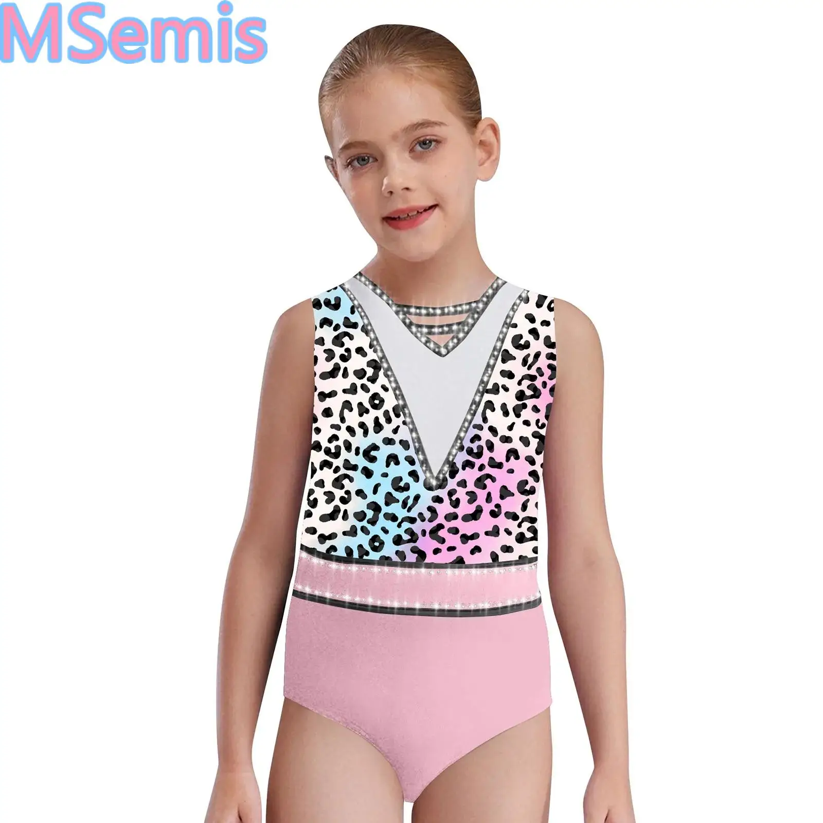 Kids Girls Printed Gymnastics Leotard Stylish V-Neck U-Back Sleeveless Rhinestone Ballet Dance Bodysuit Dancewear