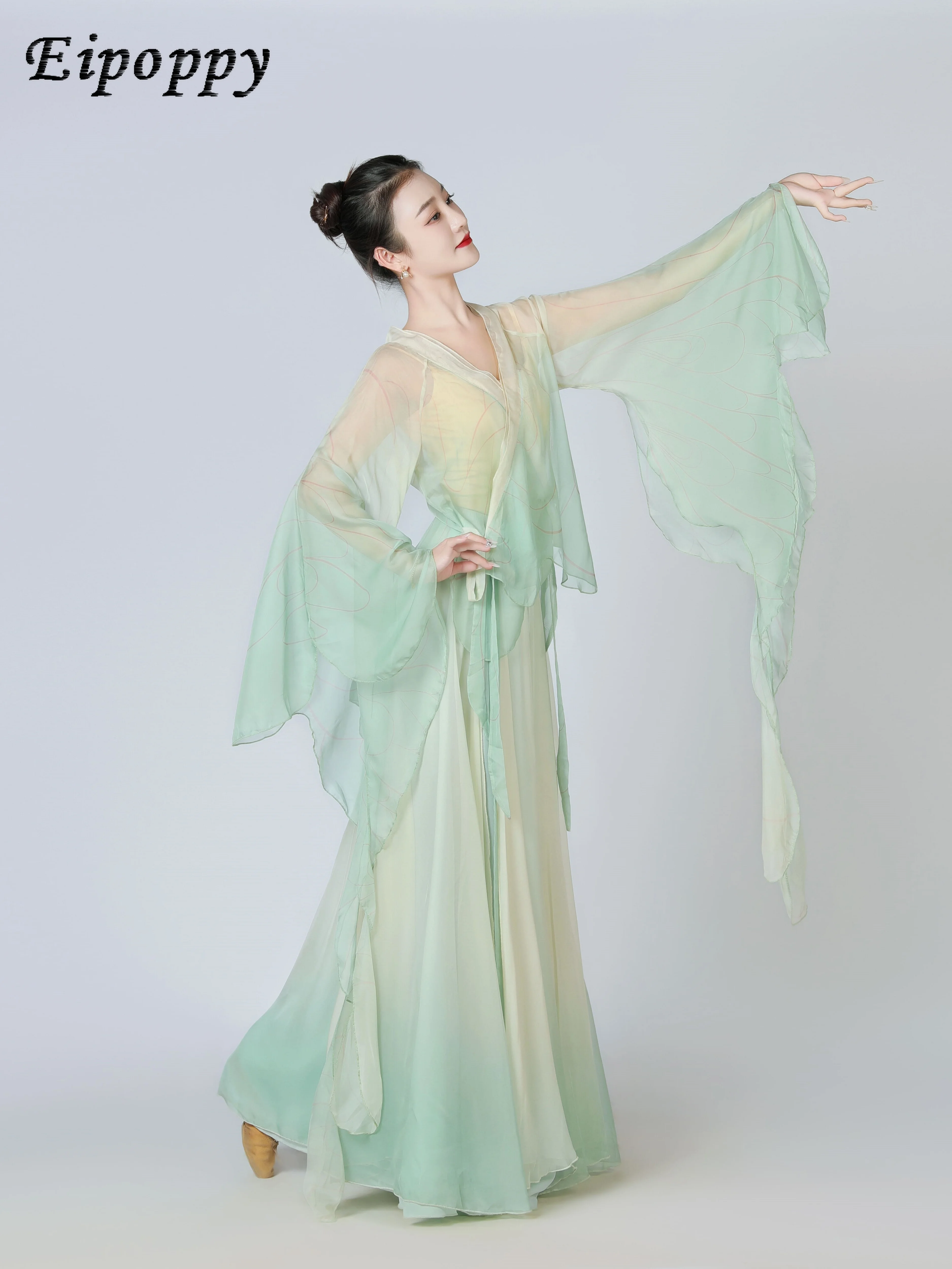 Classical dance costume with butterfly sleeves and gradient gauze dress