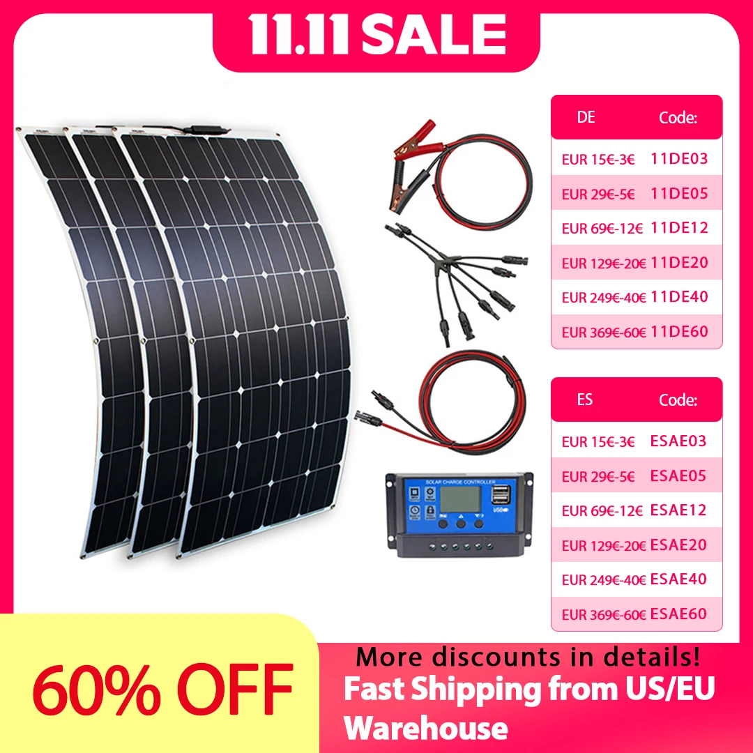 solar panel kit and 300w 200w 100w flexible solar panels 12v 24v high efficiency battery charger module