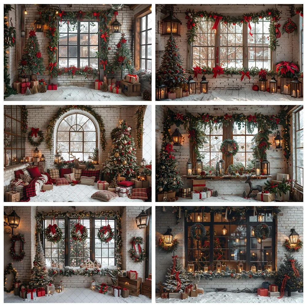 

Christmas Photography Backdrop Xmas Tree Wreath Elk Brick Wall Window Snow Scene Family Portrait Photo Background Props