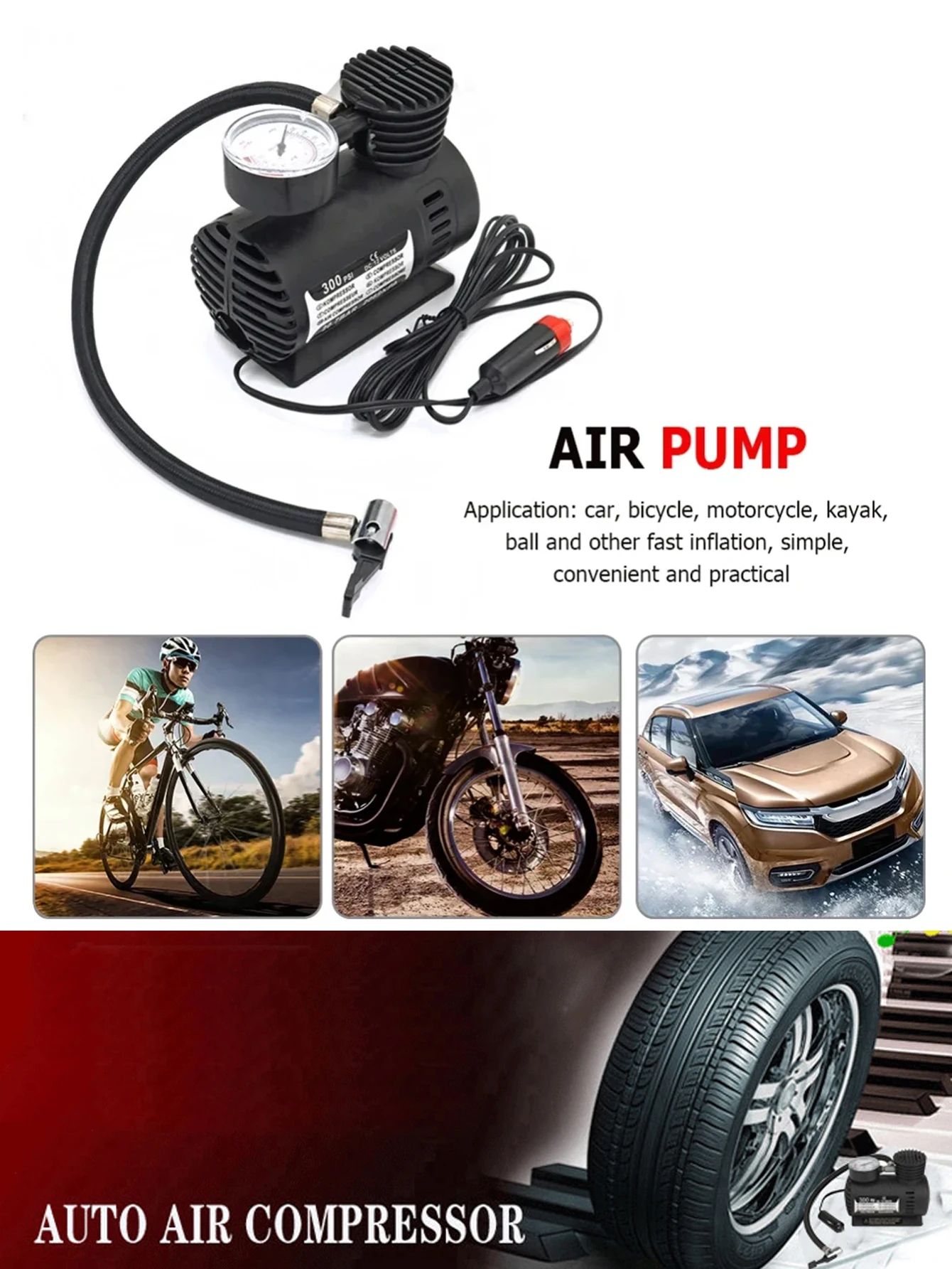 Portable Car Electric Air Pump 12V 300PSI Mini Air Compressor Inflator for Bicycle Tires Ball Suitable Camping Trips Car Tools