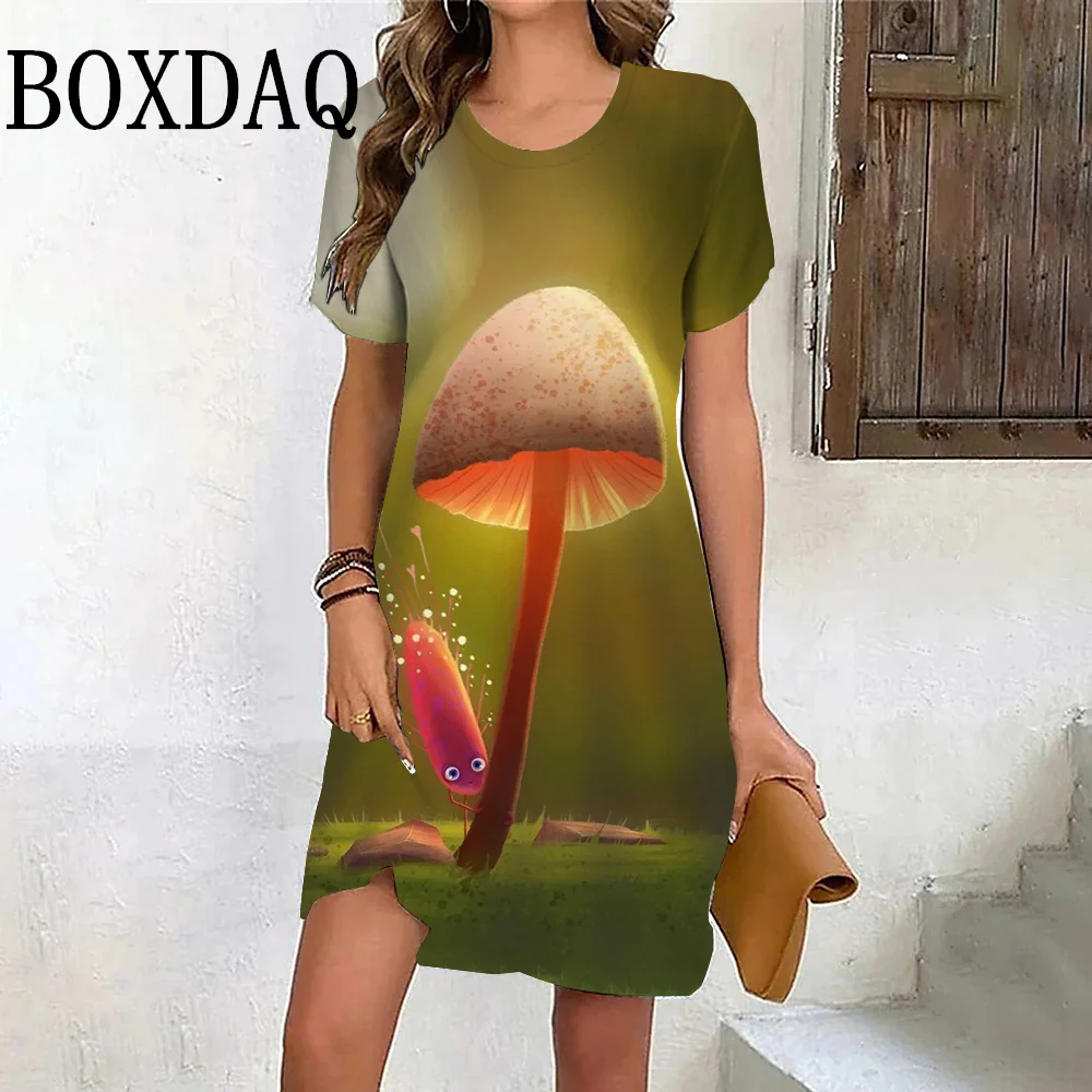 Fashion Ladies Summer Dresses For 2024 Mushroom 3D Printing Dress Women Casual Short Sleeve O-Neck Mini Dress Plus Size Clothing